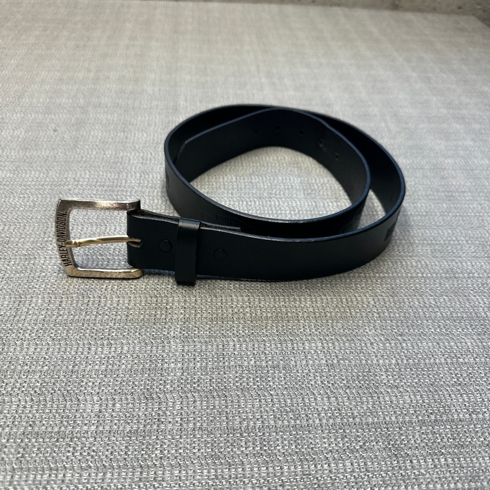 Harley Davidson Black Leather Belt Mens Size 30 Silver Buckle Logo USA Made